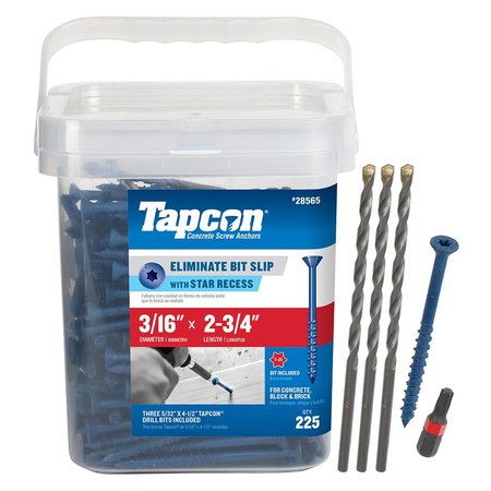 TAPCON Tapcon Concrete Screw, 3/16" Dia., Flat, 2 3/4 in L, Climaseal Coated, 225 PK 28565